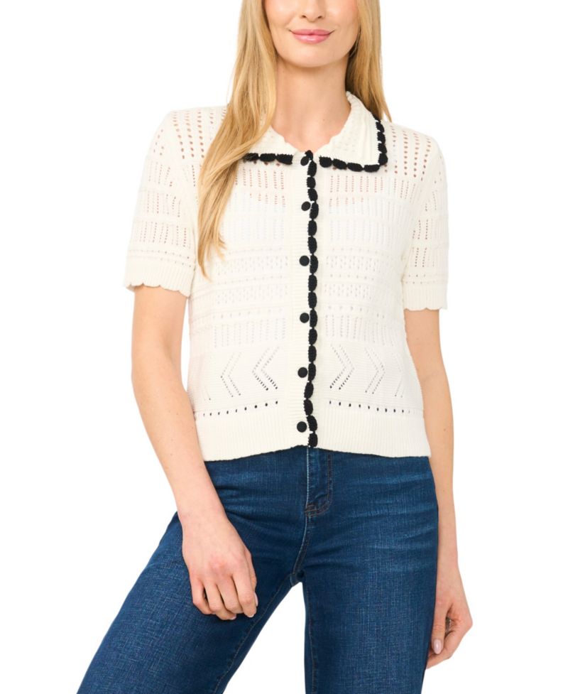 Women's Short-Sleeve Collared Cotton Cardigan
