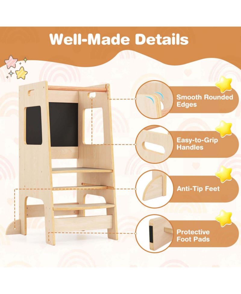 Toddler Kitchen Step Stool with Activity Chalkboard Adjustable Height & Safety Rail