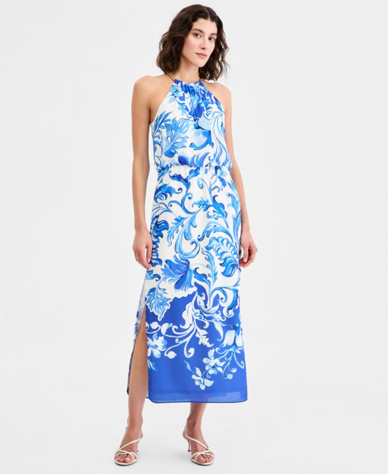 Women's Printed Halter Blouson Midi Dress