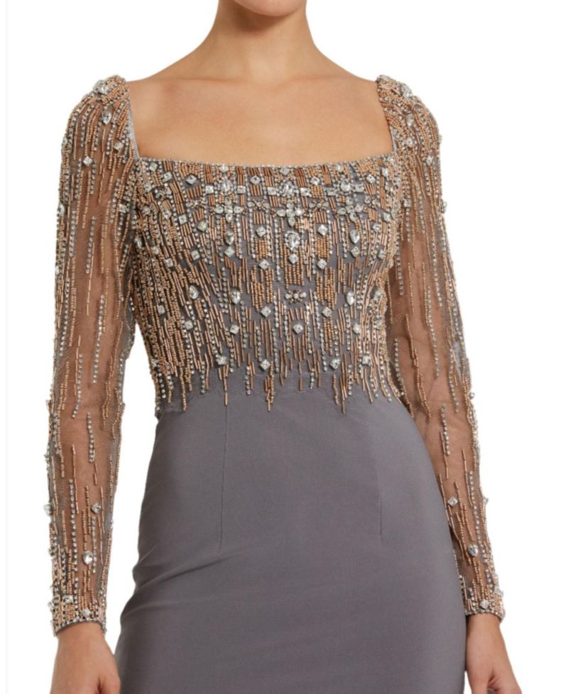Women's Beaded Square Neck Long Sleeve Jersey Gown