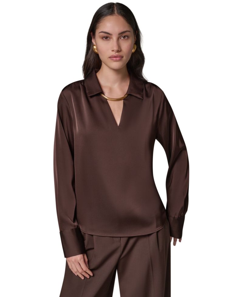 Women's Long-Sleeve Satin V-Neck Collared Blouse