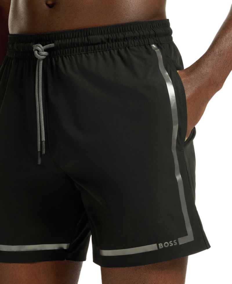 BOSS by Men's 6" Vital Logo Stripe Print Swim Trunks