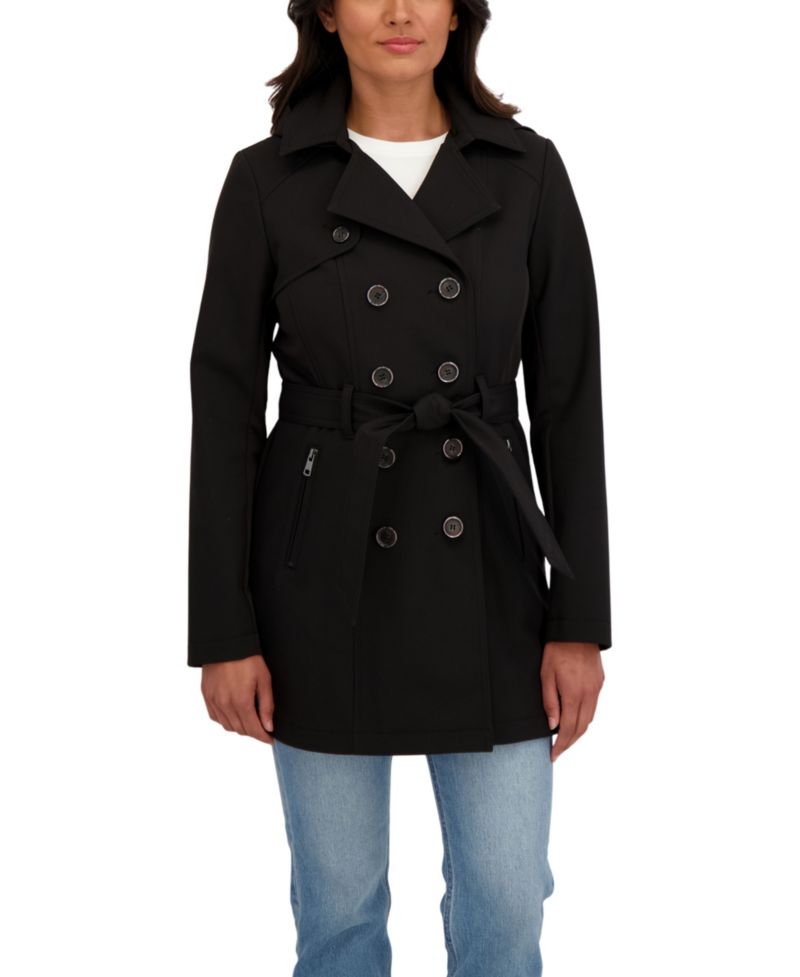 Women's Belted Double Breasted Soft Shell Trench Coat With Detachable Hood