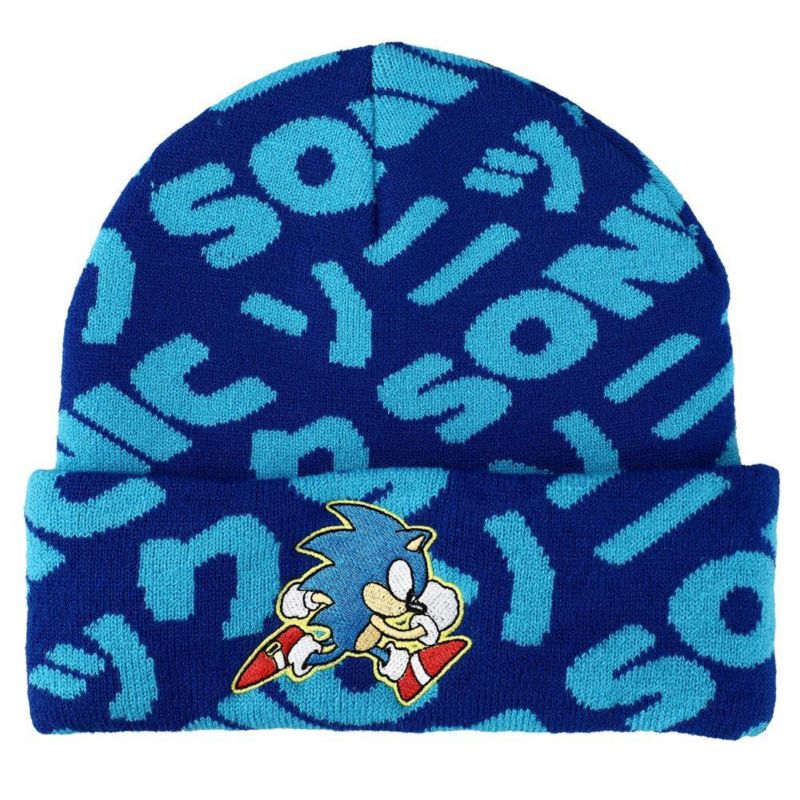 Men's Sonic Flat Embroidery Blue AOP Jacquard Acrylic Knit Beanie