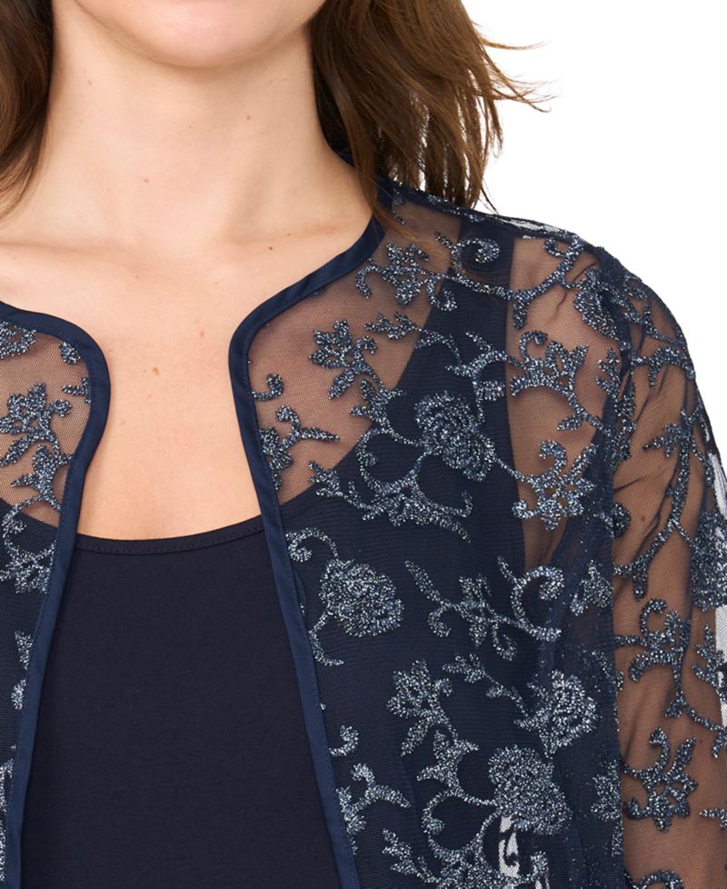 Women's Glitter Lace Floral 3/4 Sleeve Jacket and Tank Top, 2-Piece Set