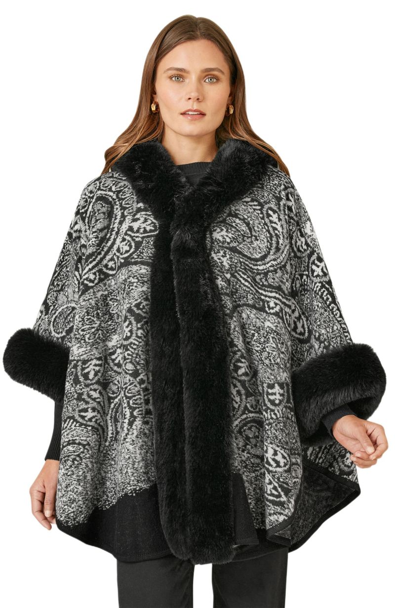 Women's Paisley Print Faux Fur Trim Cape