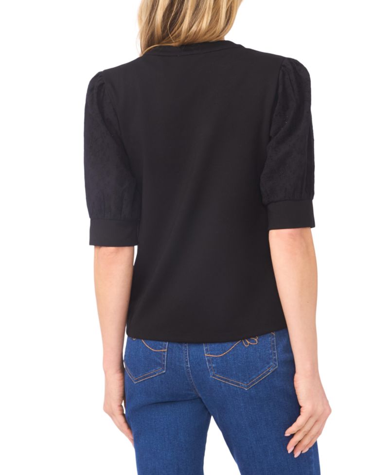 Women's Imitation Pearl Button Henley Puff 3/4-Sleeve Top