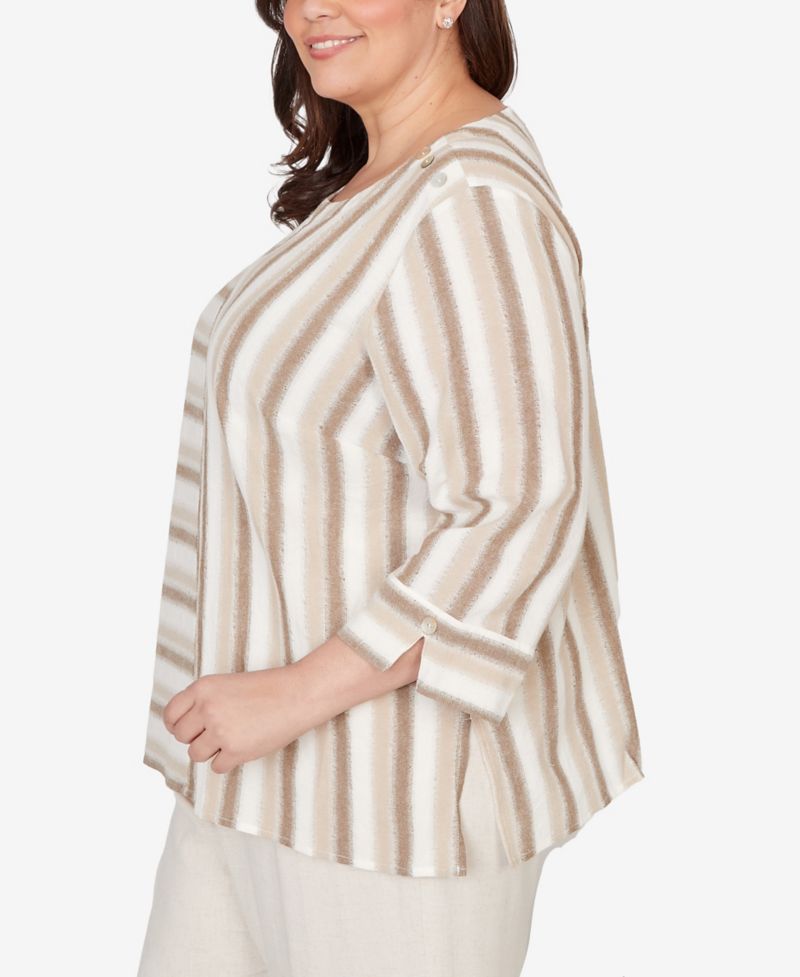 Plus Size Natural Wonder Spliced Stripe Three Quarter Sleeve Top