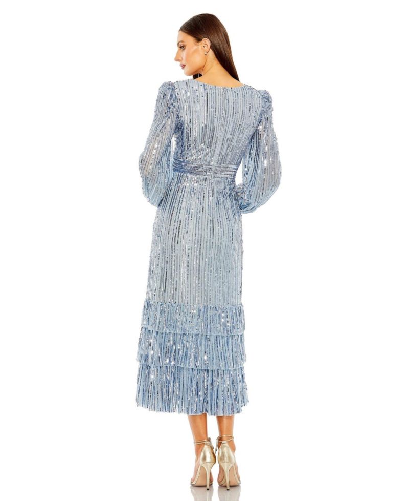 Women's Long Sleeve Deep V Tiered Ruffle Sequin Dress