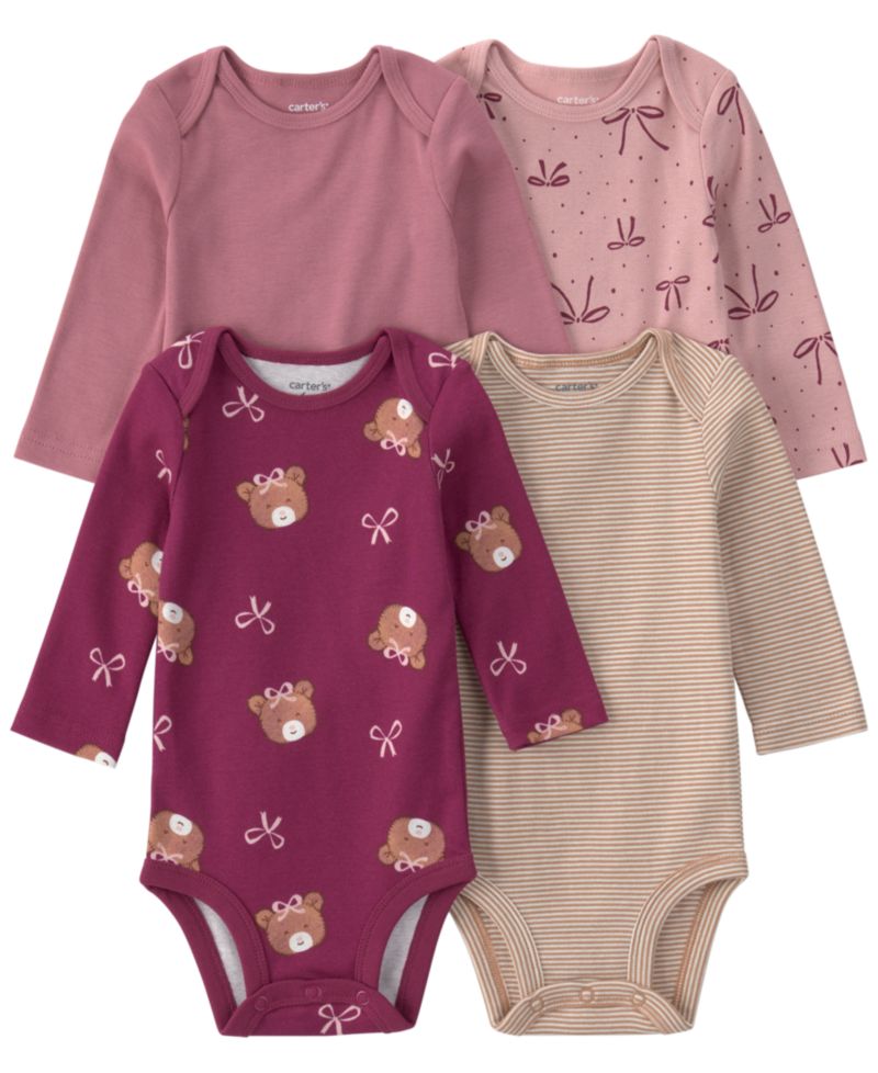Baby Girls' Bear & Bows Long-Sleeve Snap Closure Cotton Bodysuits, 4-Pack