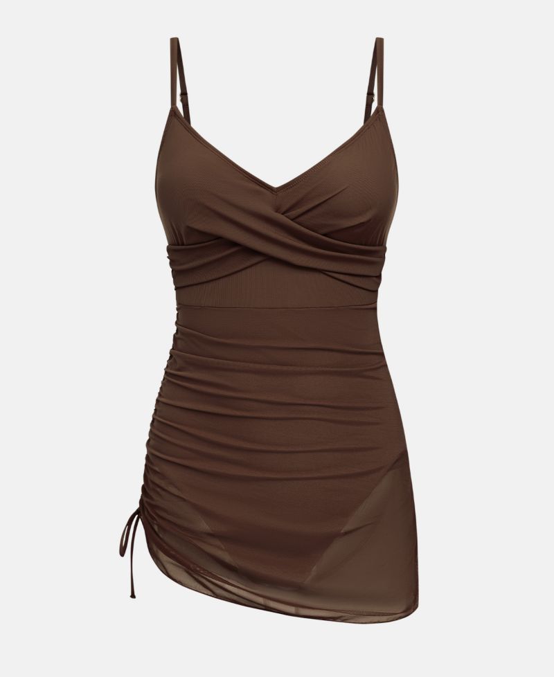 Women's V-Neck Mesh Ruched Swim Dress