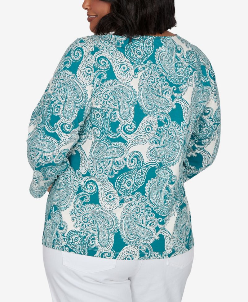 Plus Size Stamped Paisley 3/4-Sleeve Scoop Neck T-Shirt
