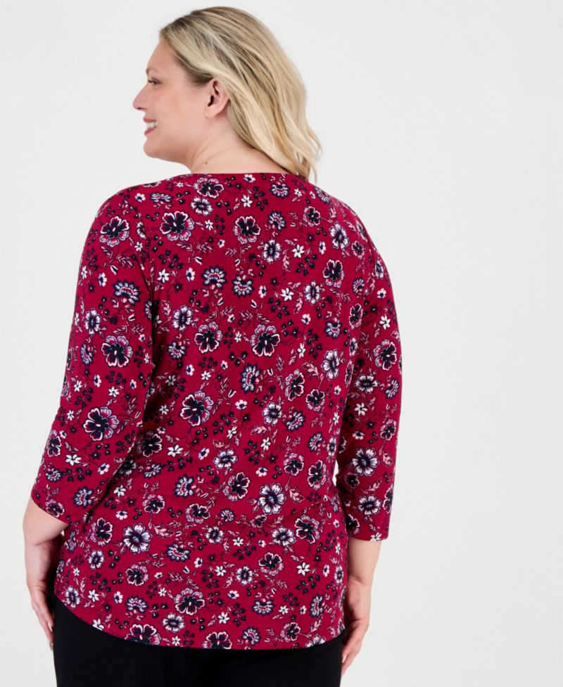 Plus Size Kissing Trim Top Floral-Print V-Neck Keyhole Detail Blouse