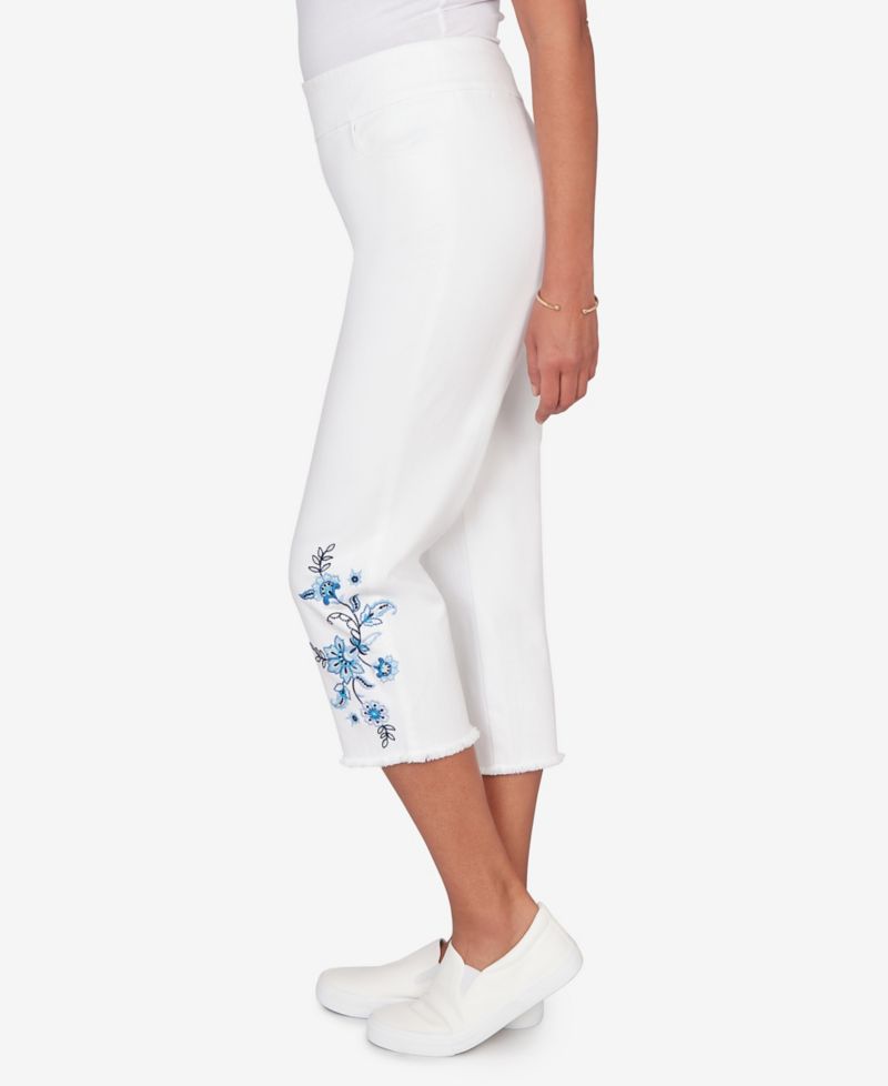 Plus Size Mykonos Floral Embroidered Fringe Super Stretch Denim Capri Pants