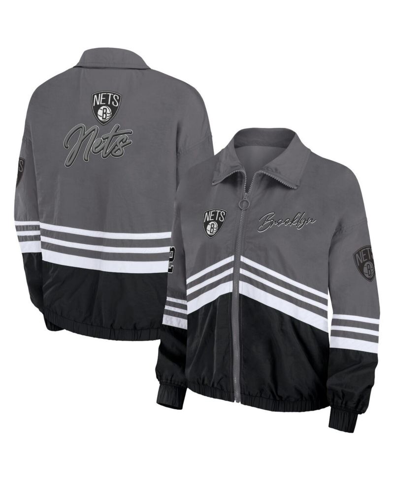 Women's Silver Distressed Brooklyn Nets Vintage-Like Full-Zip Windbreaker