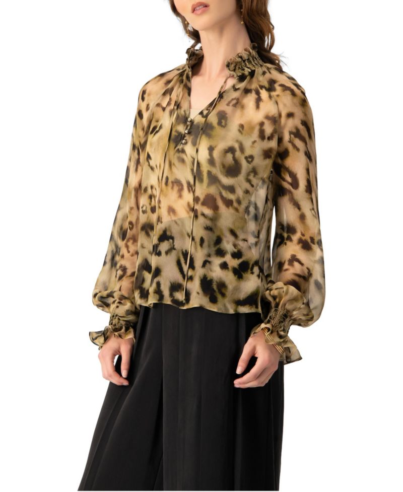 Women's Sheer Chiffon Tie-Neck Blouse in Abstract Animal Print