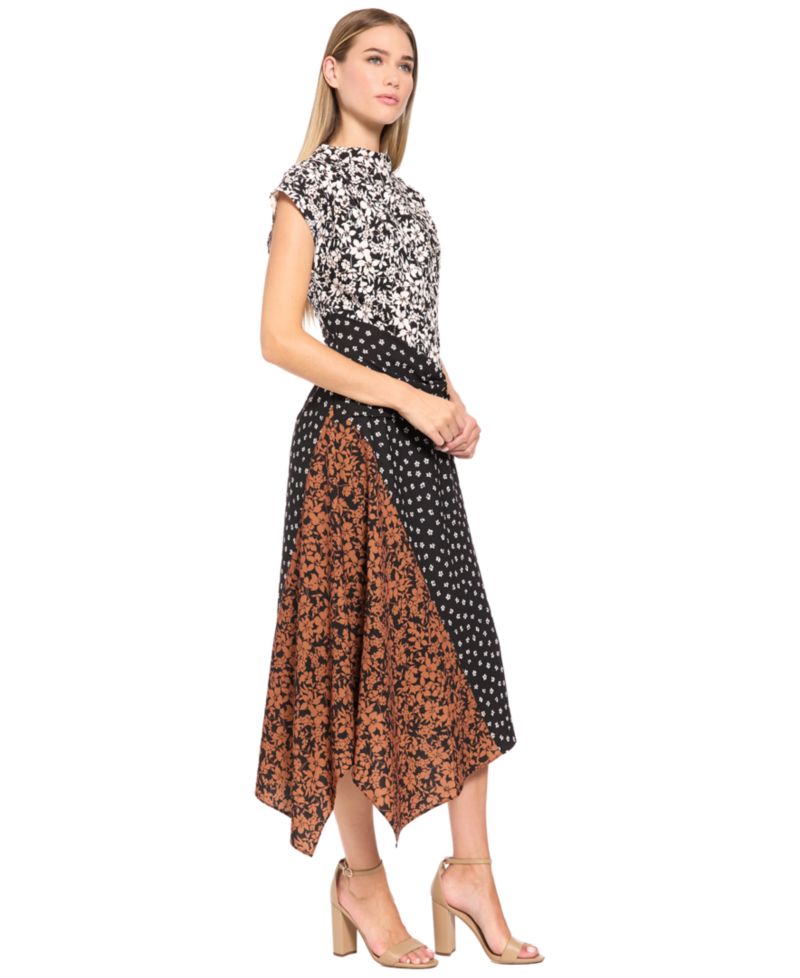 Women's Patchwork Print Mock Neck Midi Dress