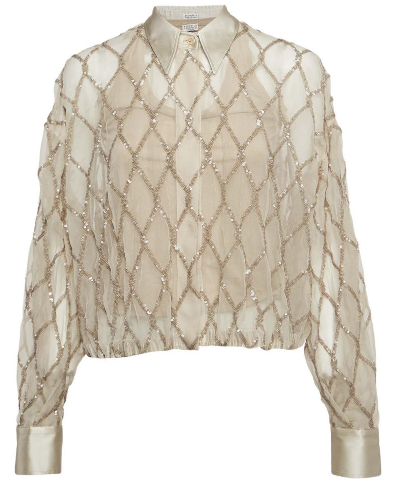 Women's Beige Argyle Sequined Silk Shirt