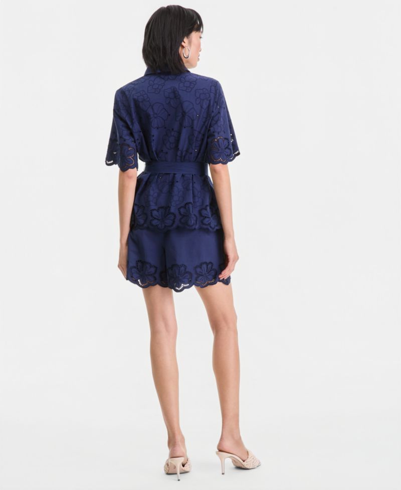 Women's Cotton Eyelet Tie-Waist Blouse