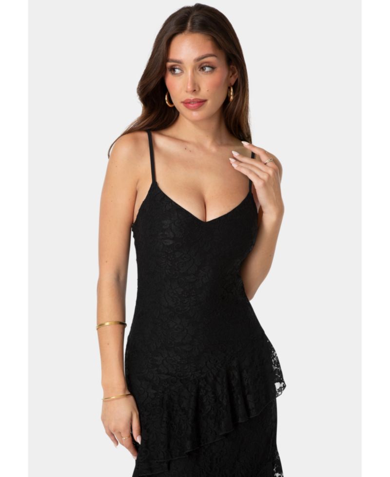 Womens Lace Ruffle Maxi Dress