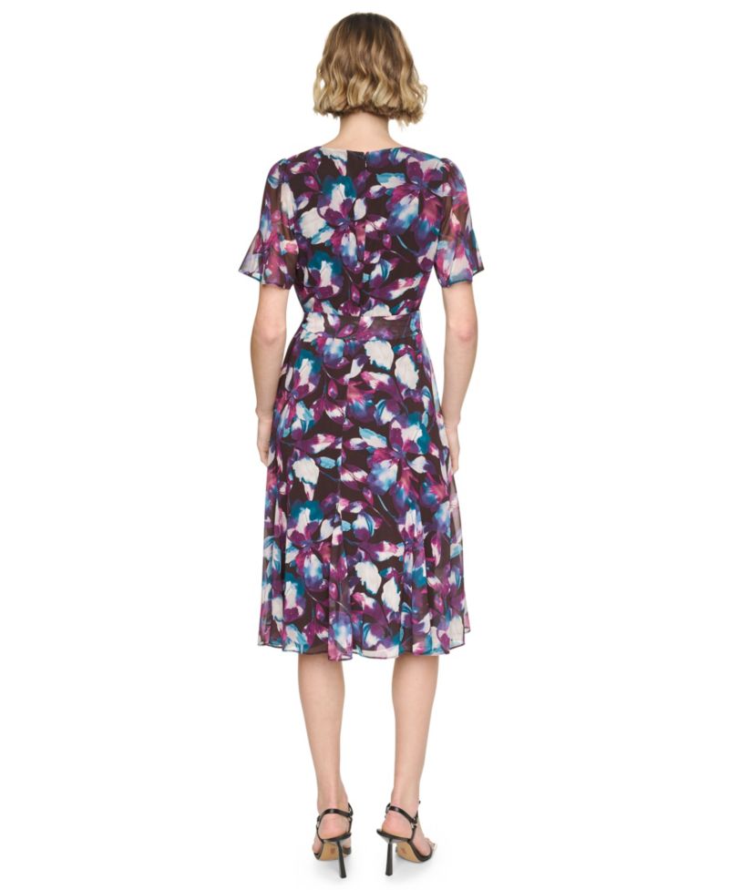 Women's Floral-Print A-Line Godet Sleeve Midi Dress