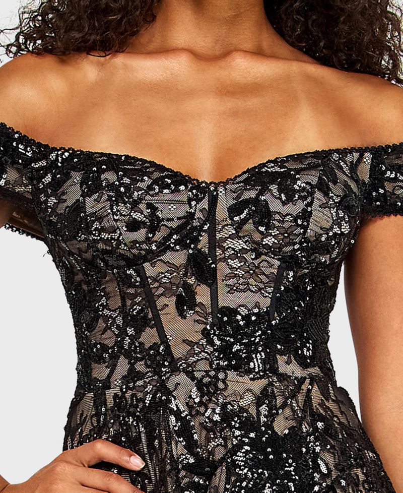 Juniors' Off-The-Shoulder Lace Sequin Corseted Dress