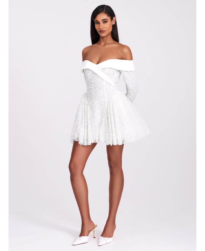 Women's Kira Bead Embroidered Mesh Off Shoulder Long Sleeve Mini Dress