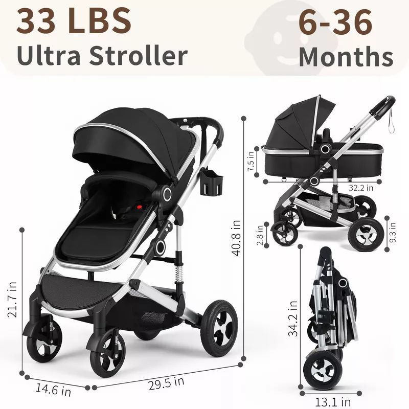 Cozi 2 Convertible Baby Stroller, Folding High Landscape Design with Adjustable Canopy and Diaper Bag