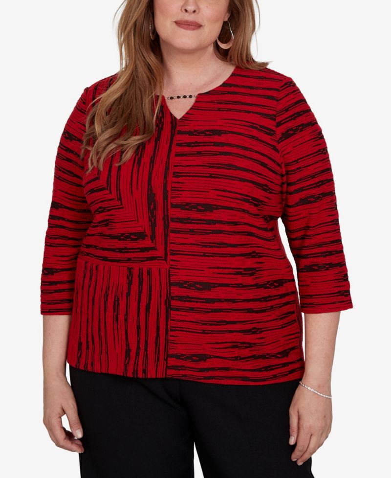 Plus Size Keyhole Neck Print 3/4-Sleeve Blouse