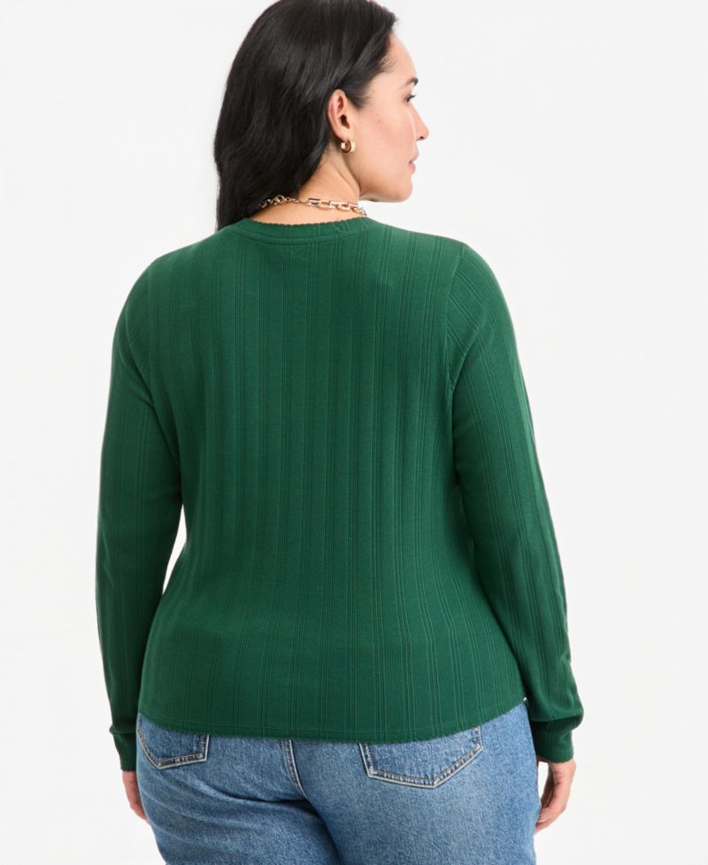 Plus Size Long-Sleeve Pointelle Cropped Meet & Greet T-Shirt