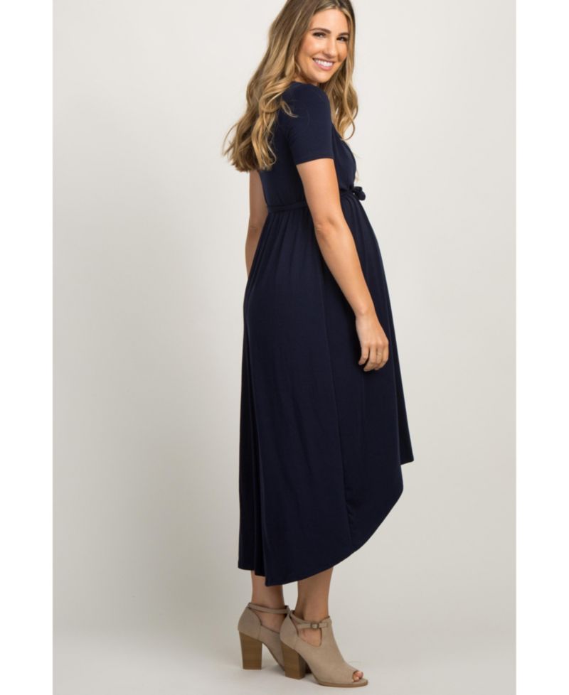 Women's Navy Blue Solid Hi-Low Wrap Dress