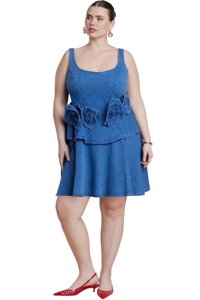 Women's Denim Flower Applique Mini Dress