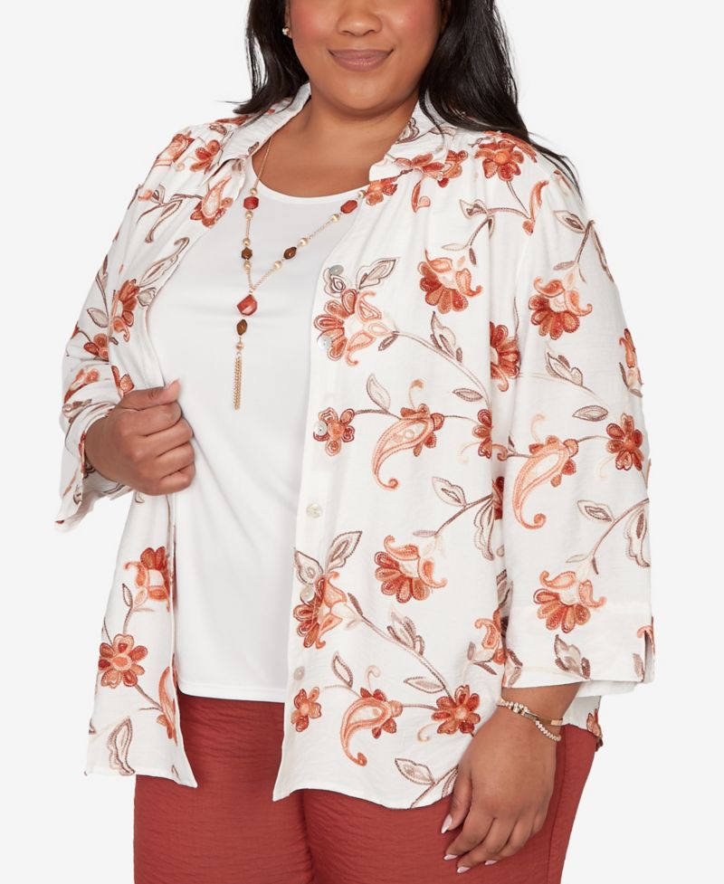 Plus Size Spice Market Paisley Floral Collared Two-in-One Top with Necklace