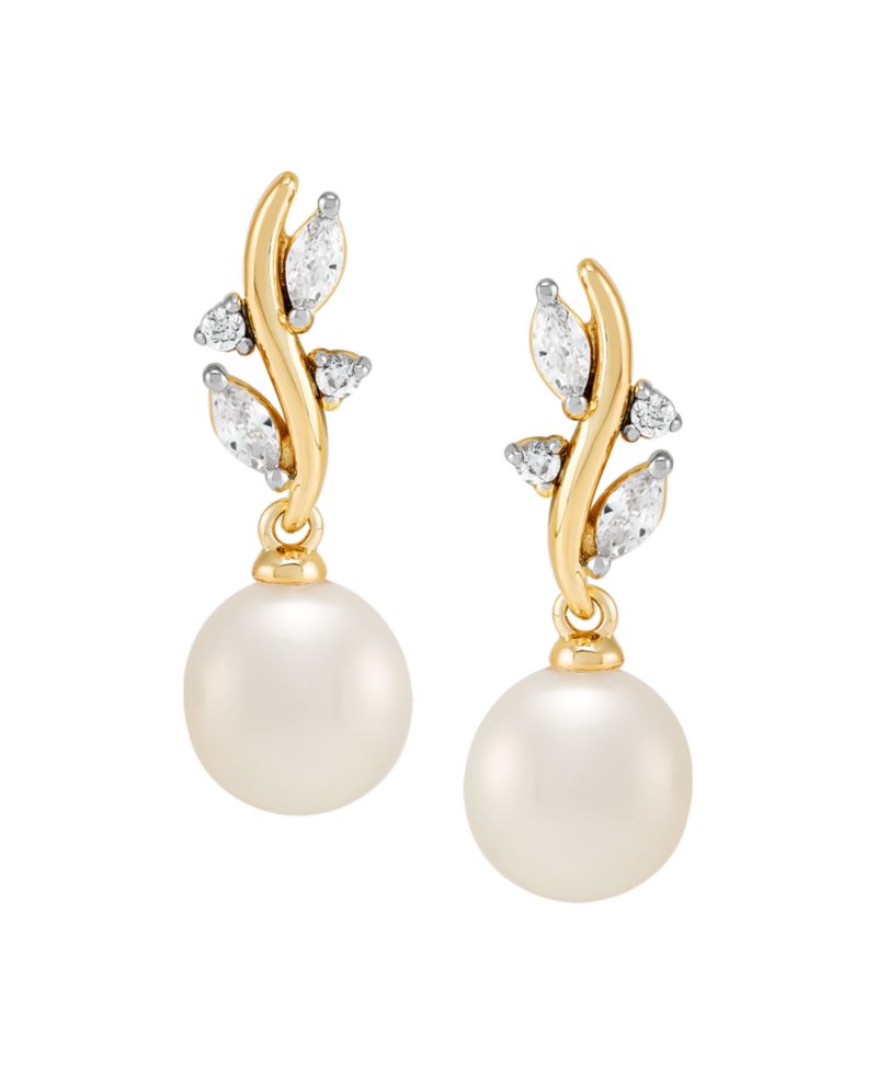 2-Pc. Cultured Freshwater Pearl (7-8mm) & White Cubic Zirconia Drop Earrings and Pendant Necklace Set in 14k Yellow Gold Over Sterling Silver