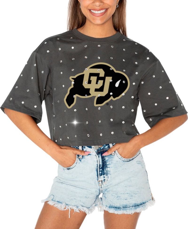 Women's Gray Colorado Buffaloes Go Time Rhinestone Crop T-Shirt