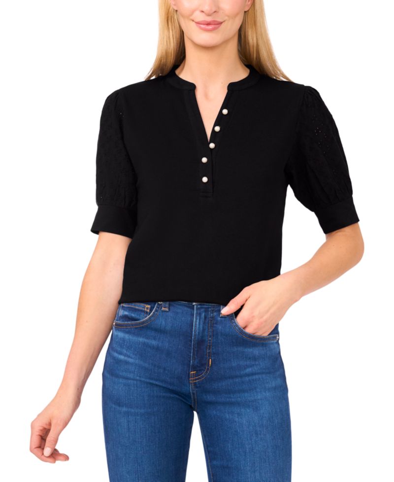 Women's Pearl Button Henley Embroidered Puff 3/4-Sleeve Cotton Top