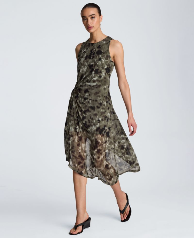 Women's Sheer Mesh Overlay Asymmetric Hem Midi Dress