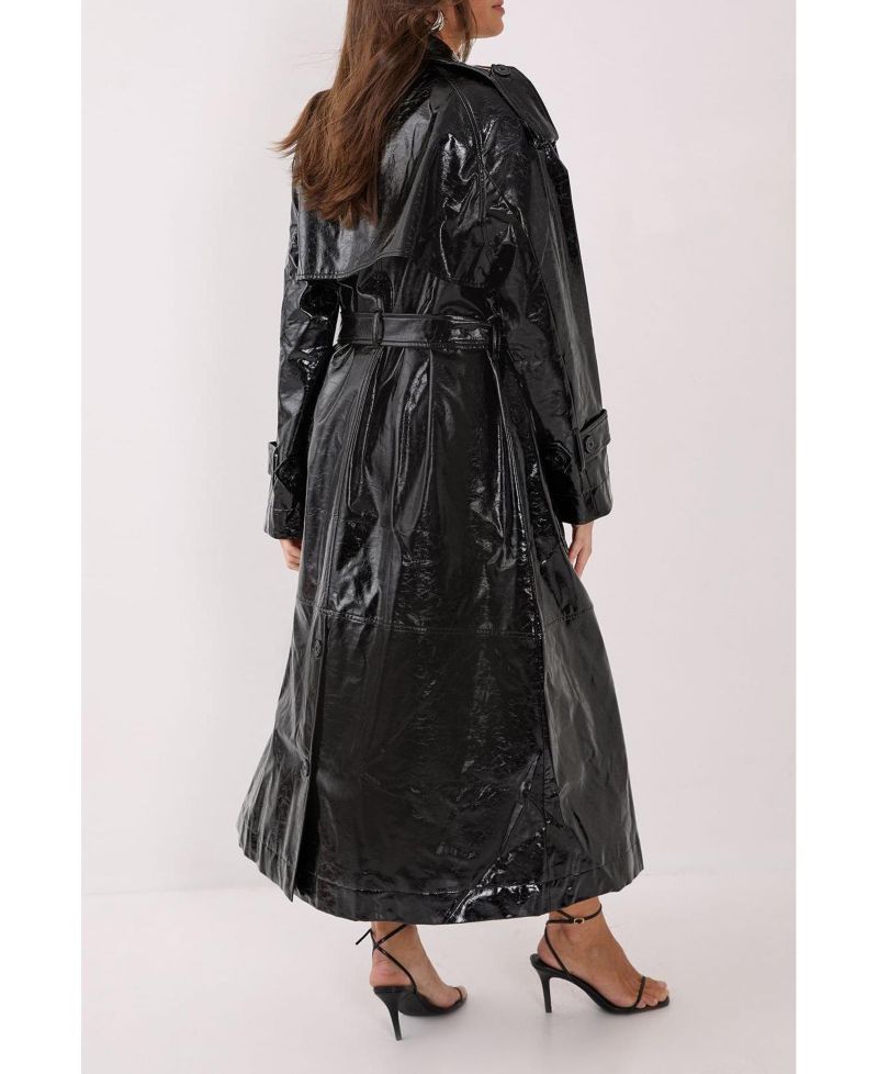 Women's High Shine Faux Leather Trench Coat