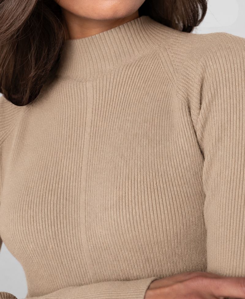 Petite Mock Turtleneck Long Flare Sleeves Ribbed Sweater