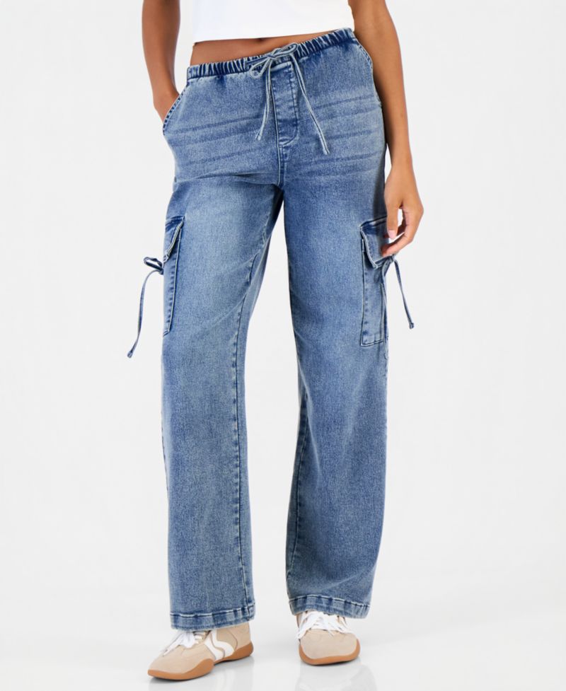Juniors' Wide-Leg Cargo Drawstring-Waist Jeans