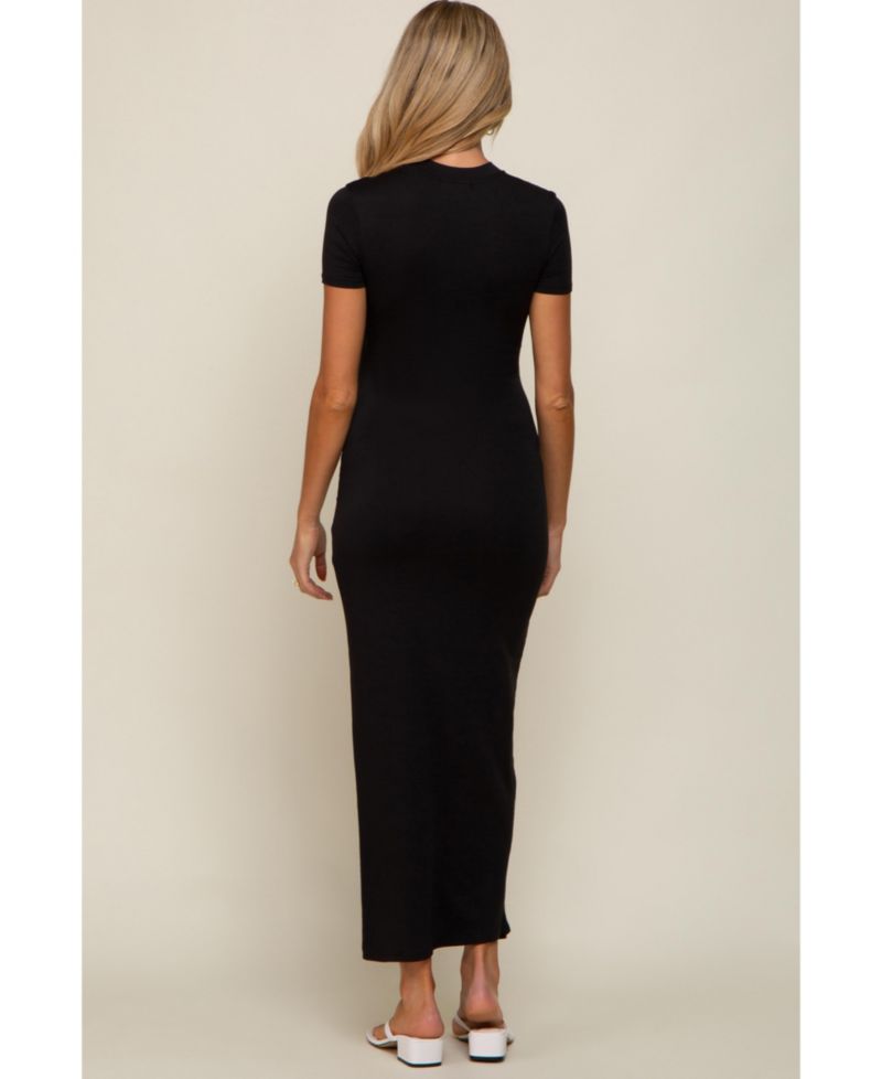 Women's Black Mock Neck Front Slit Short Sleeve Maxi Dress