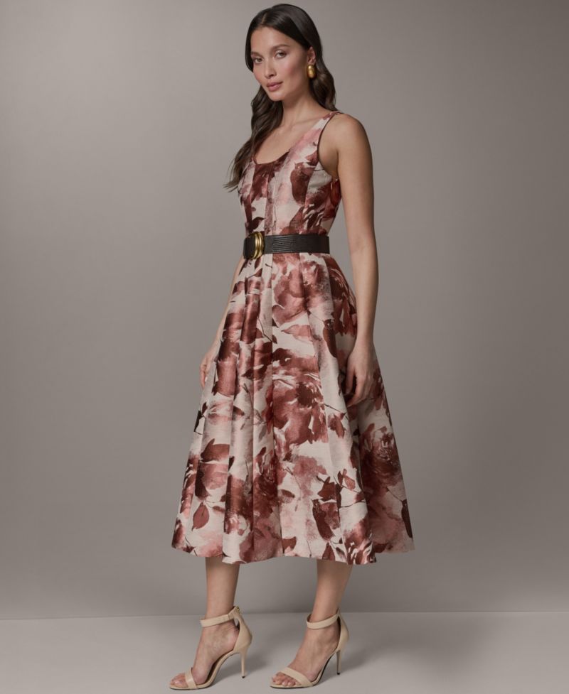 Women's Sleeveless Floral Jacquard Scoop Neck Midi A-Line Dress