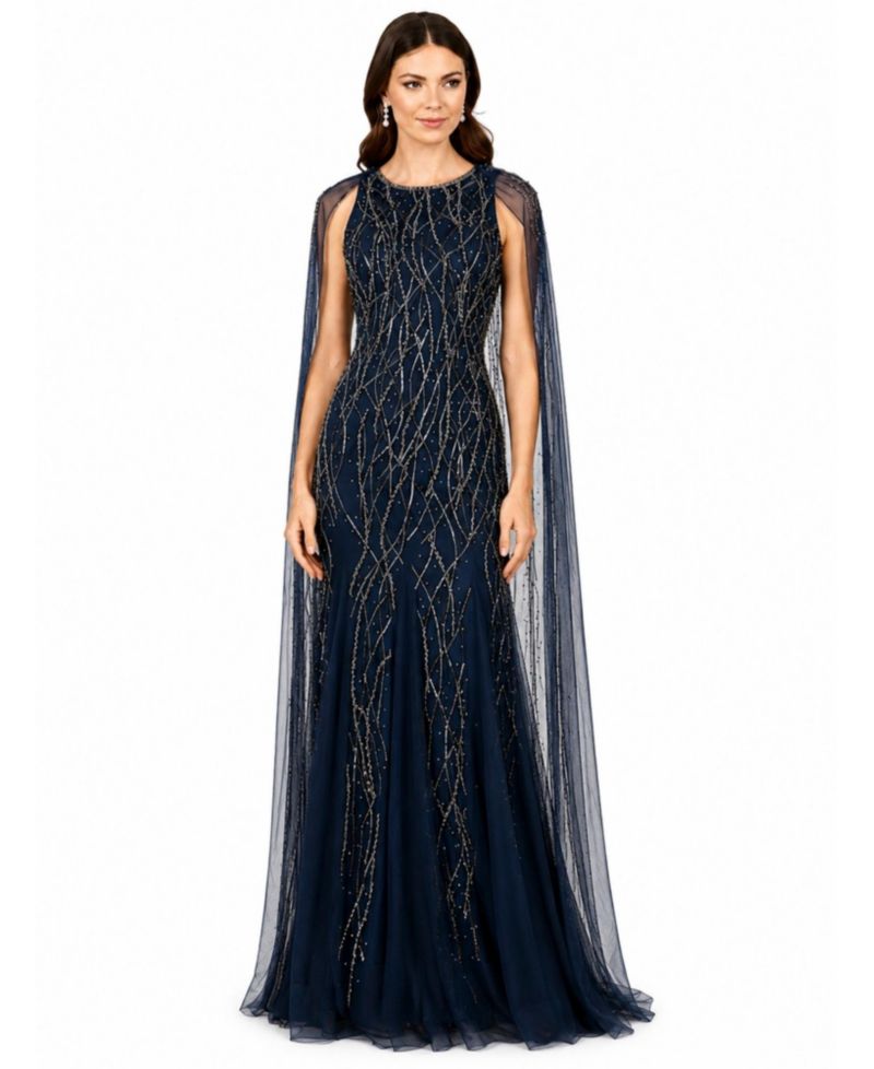 Women's Elegant Beaded Dress with Long Cape
