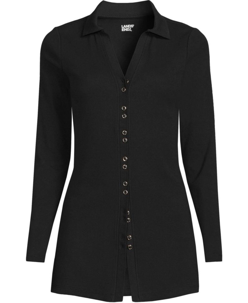 Plus Size Long Sleeve Polished Rib Button Through Tunic Shirt
