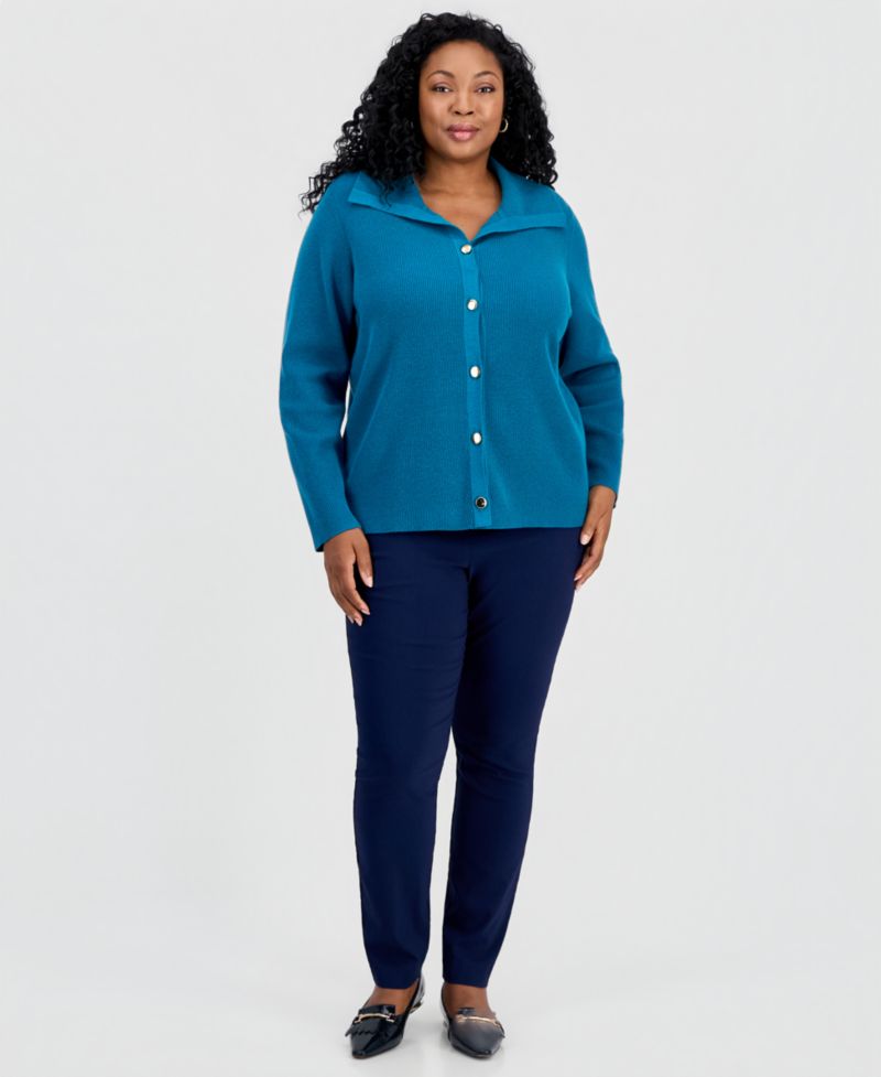Petite Collared Long-Sleeve Button Cardigan