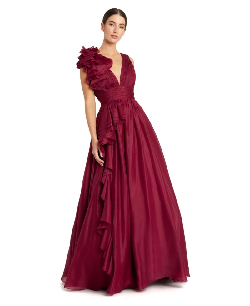 Petite Ruffle Shoulder V-Neck A-Line Evening Gown
