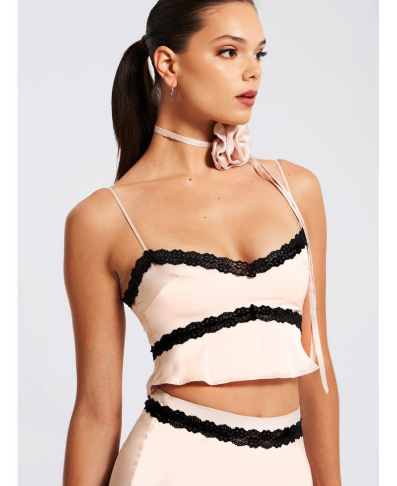 Women's Yareli Beige Lace Trim Satin Strappy Top