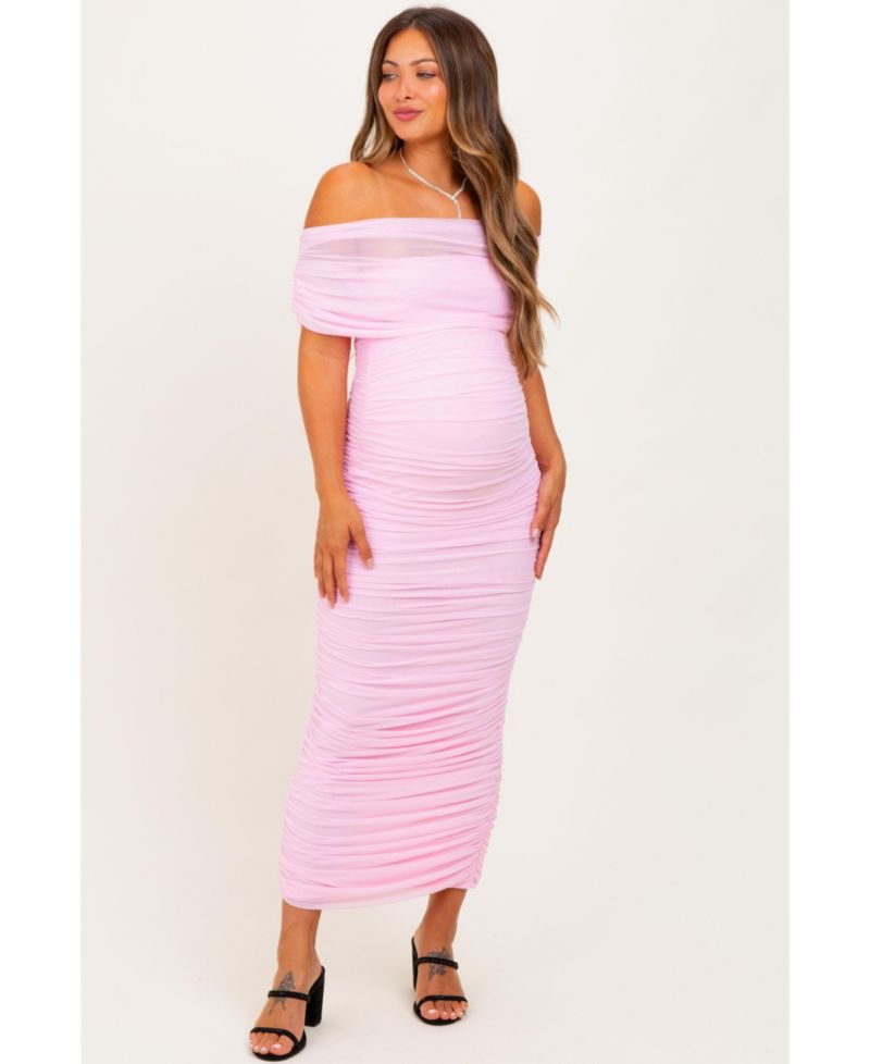 Women's Light Pink Ruched Mesh Foldover Off Shoulder Maxi Dress