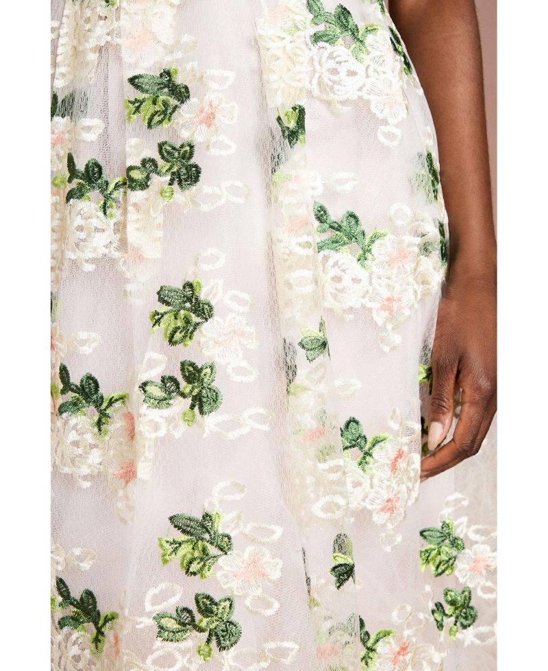 Women's Embroidered Mesh Lace Skirted Midi Dress