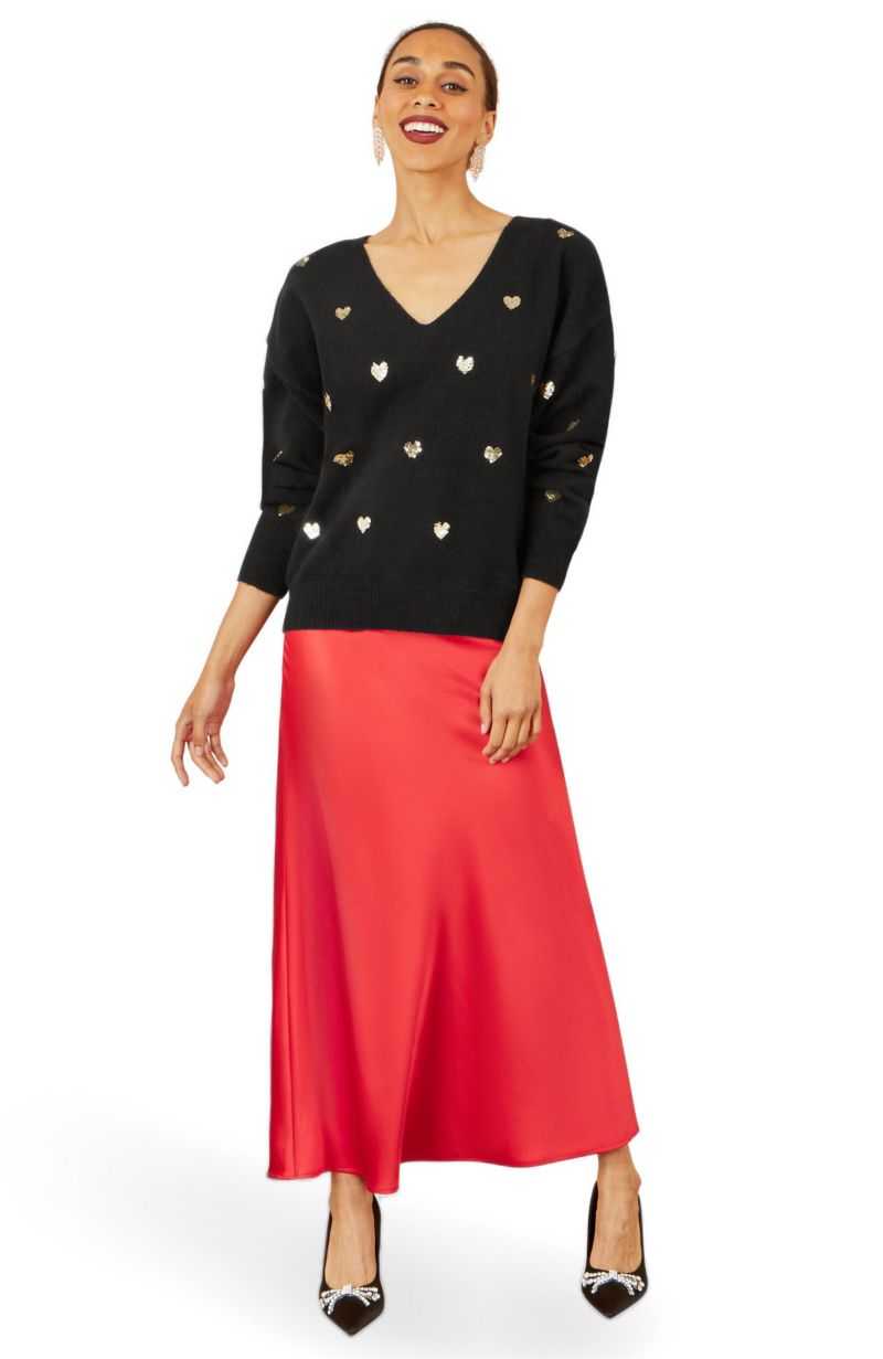 Women's Sequin Heart V-Neck Jumper